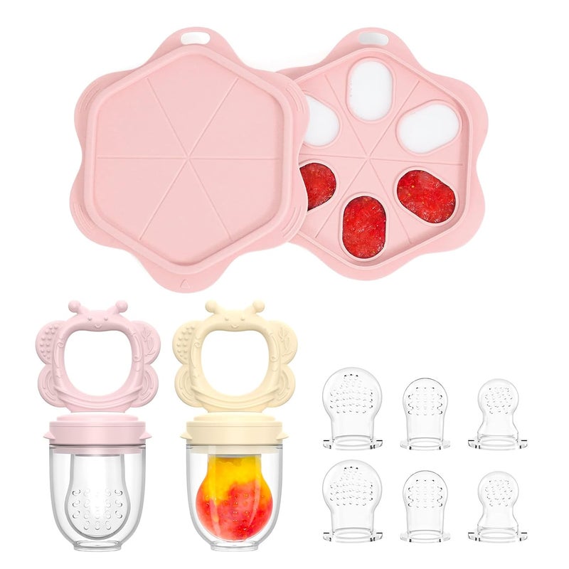 melican Silicone Baby Fruit Food Feeder (2 Pack) with Freezer Nibble Tray, Breastmilk Popsicle Molds for Baby Teething Relief, Feeder for Safe Infant Self Feeding, BPA Free, Dishwasher Safe, 3 Month+ Pink - Image 1